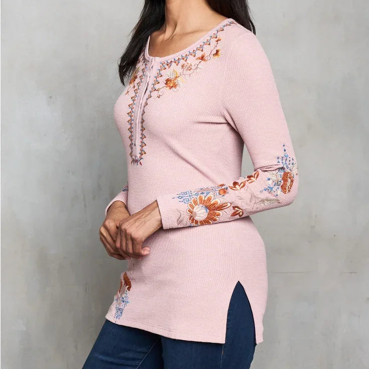 Mauve Thermal Henley on Model Side View