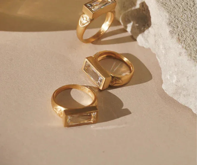 Topaz White Eternal Radiance Ring 18K Gold Plated Brass on Display