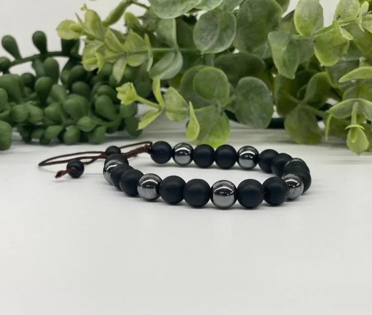 Obsidian Matte and Hematite 8mm Smooth Bead Bracelet Adjustable Full View