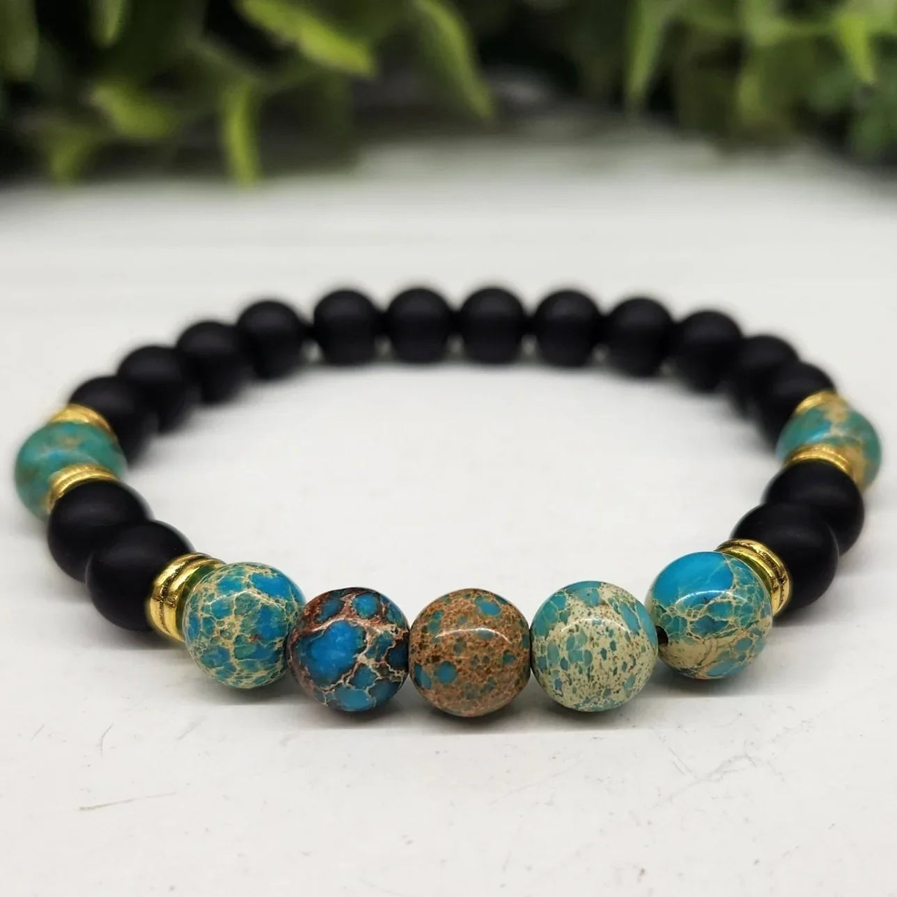 (Calmness & Confidence) Jasper Ocean Blue and Obsidian Black Matte 8mm Bead Close Up
