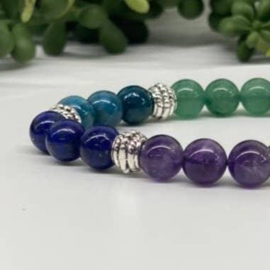 Chakra 8mm Smooth Bead Bracelet Stretch, Silver Spacers closer view