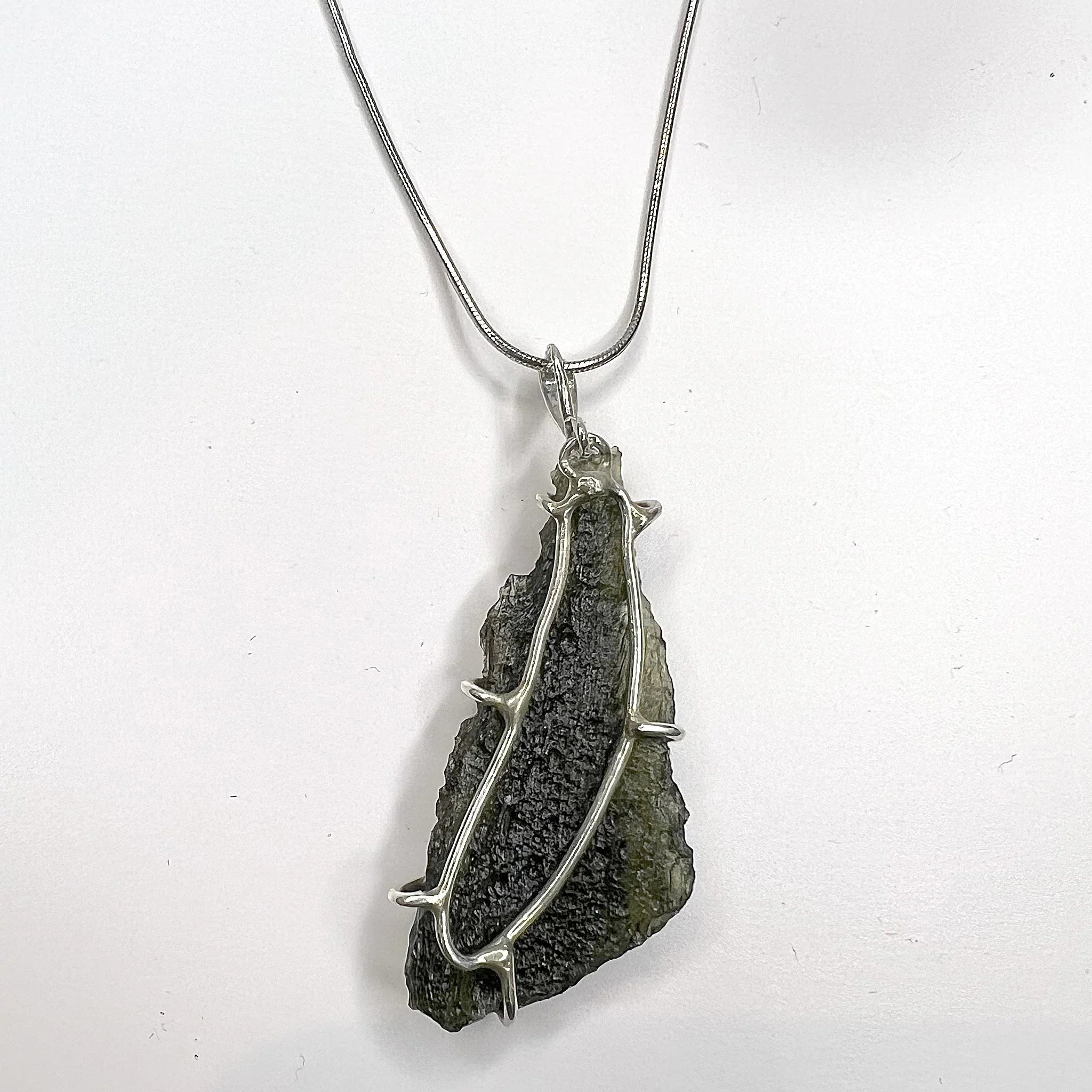 Moldavite Rough Necklace Sterling Silver Prong Setting back view