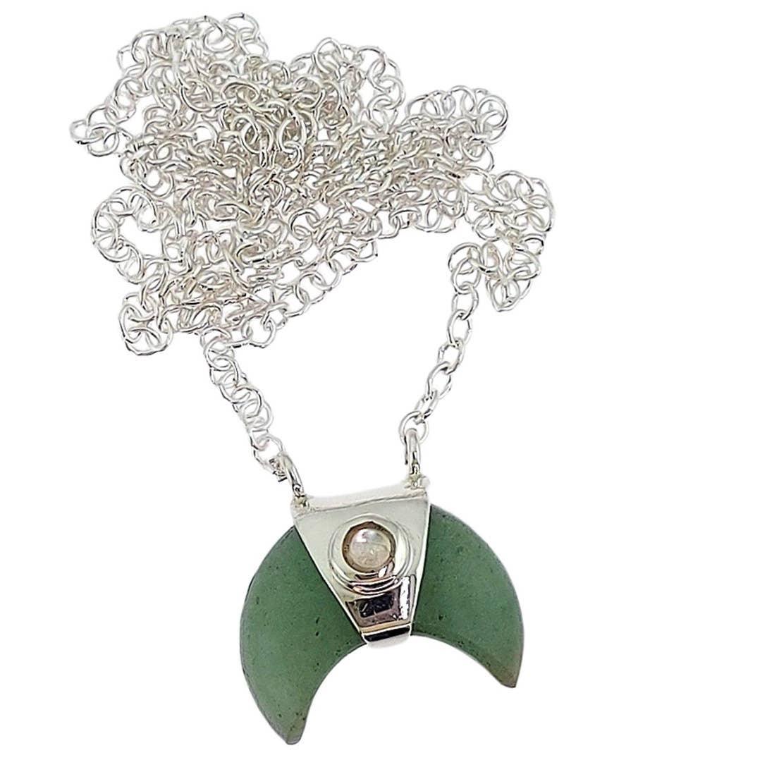 Jade and Rainbow Moonstone Crescent Moon Necklace