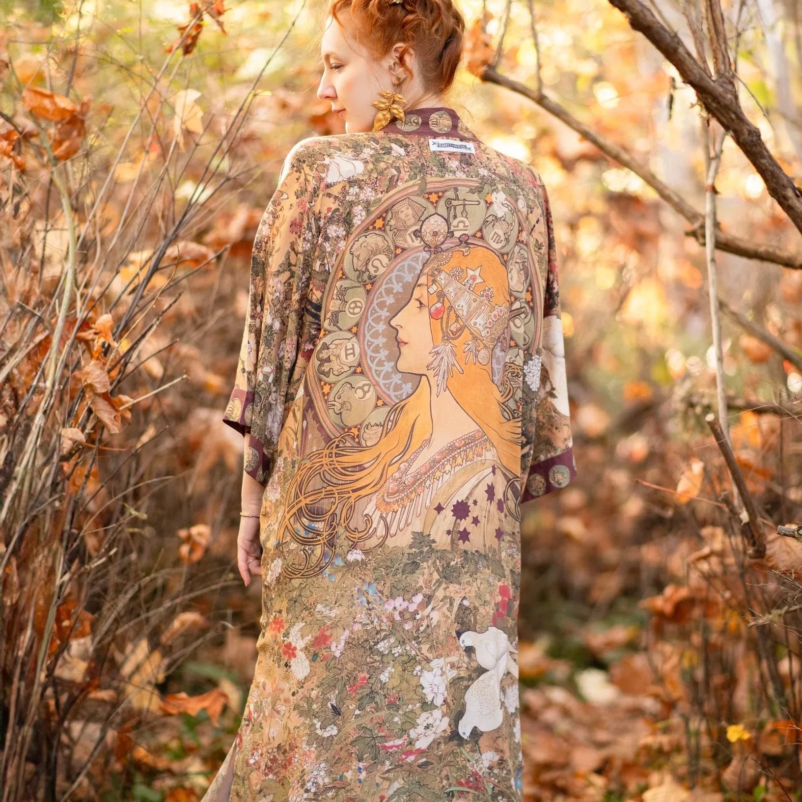 Dreamweaver Bamboo Kimono Duster Robe with Zodiac Signs Up Close