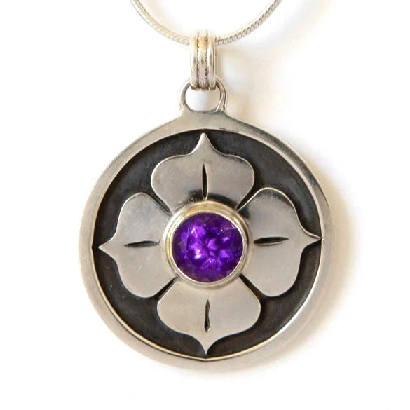 Four-Petal Lotus Pendant with Amethyst, 18k Gold Plate accent