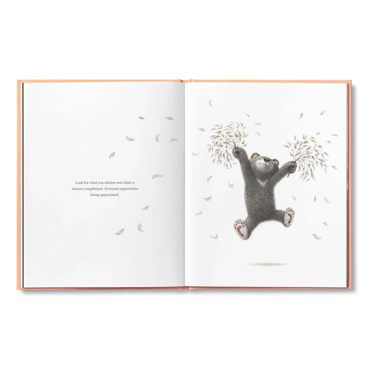 Open book with a bear illustration and text on a white background