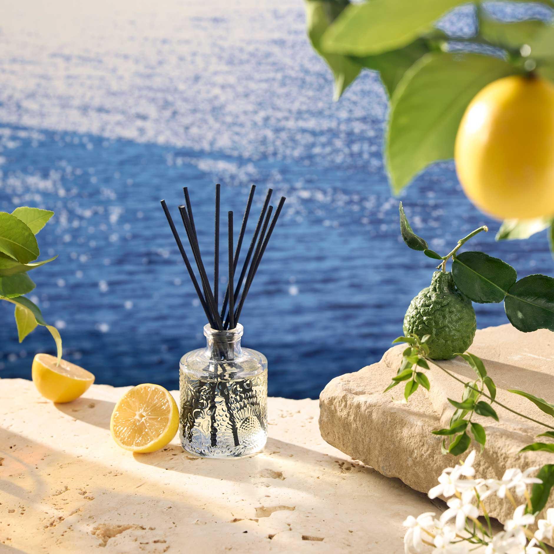 Mediterranean Lemon Reed Diffuser with ocean background