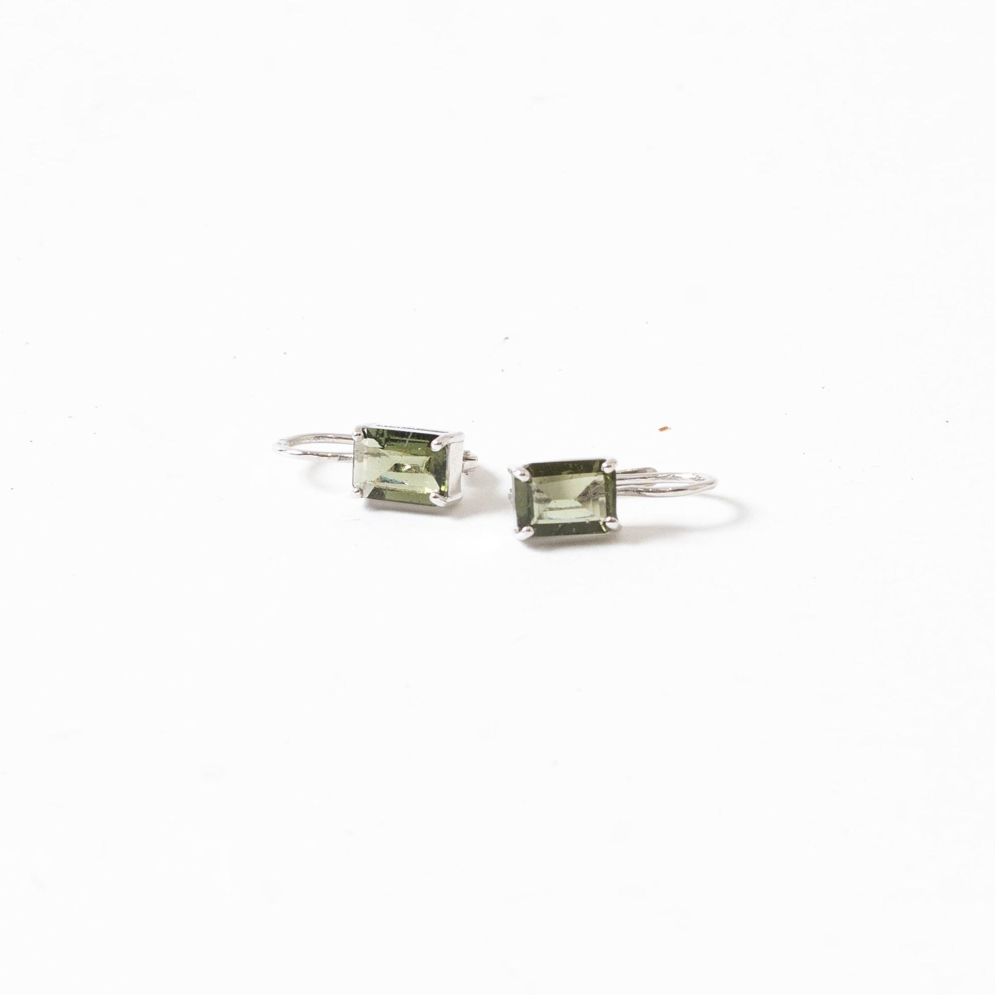 Moldavite Emerald Cut Faceted Earrings Silver