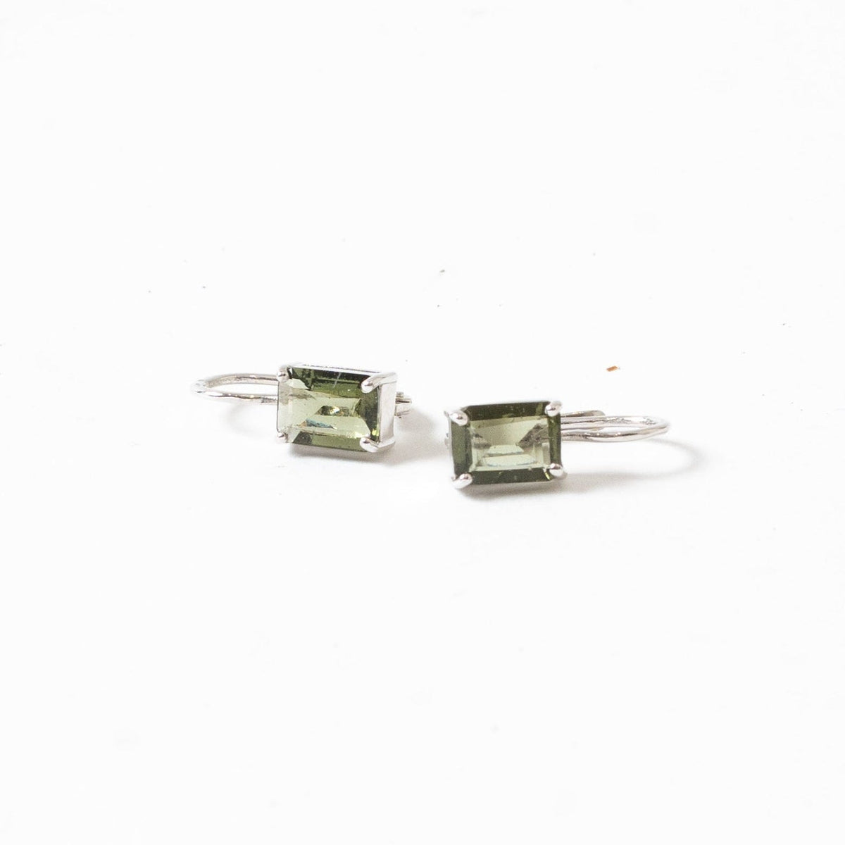 Moldavite Emerald Cut Faceted Earrings Silver