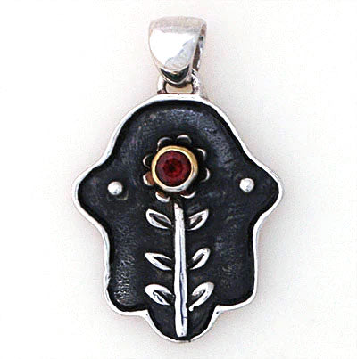 Hamsa Floral Necklace with Garnet