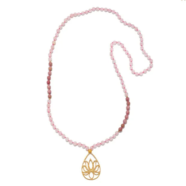 Rose Quartz Lotus Color Block Mala full view