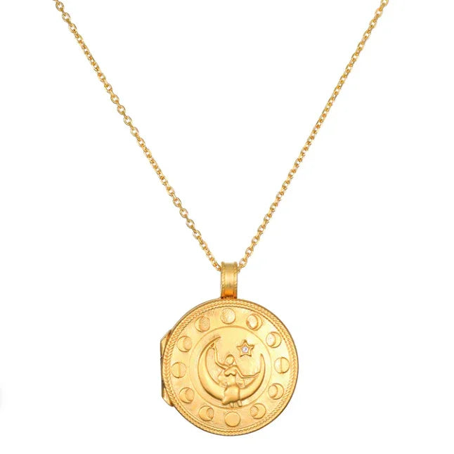 Mother Moon Locket Necklace Gold