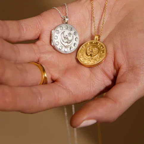 Mother Moon Locket Necklace Gold and Silver