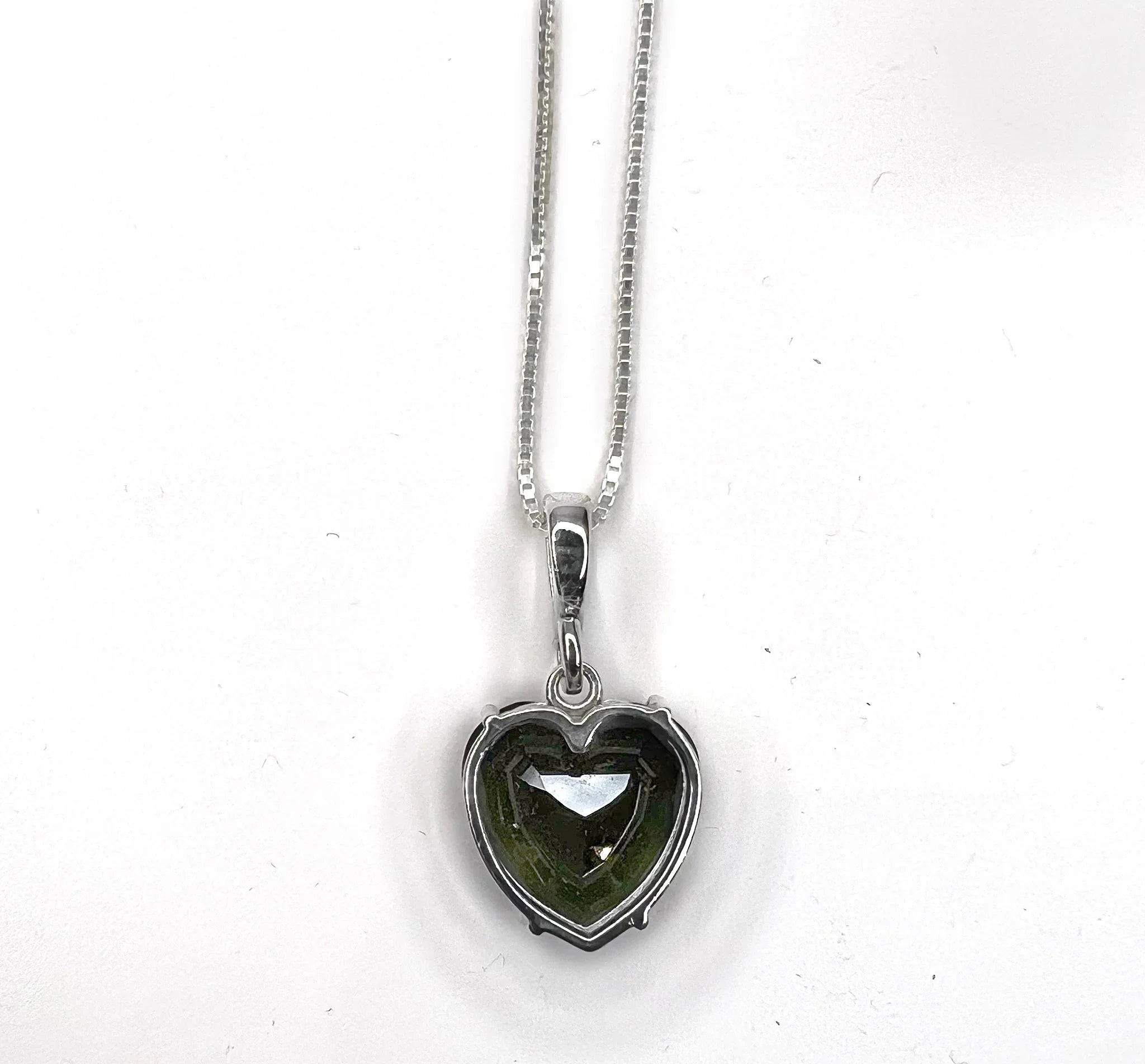 Moldavite Heart Faceted Pendant Necklace back side view