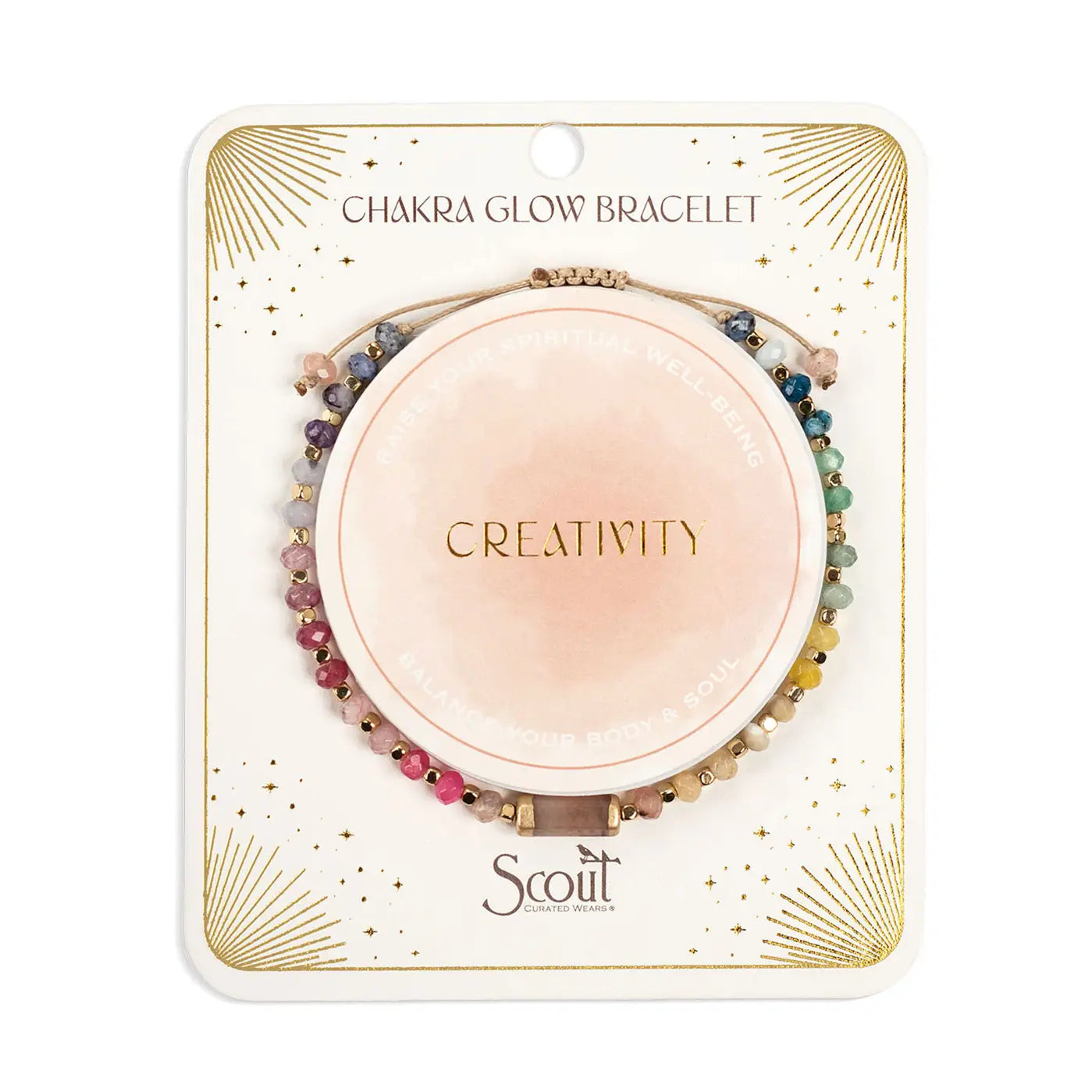Chakra glow bracelet packaging with 'Creativity' on a white background