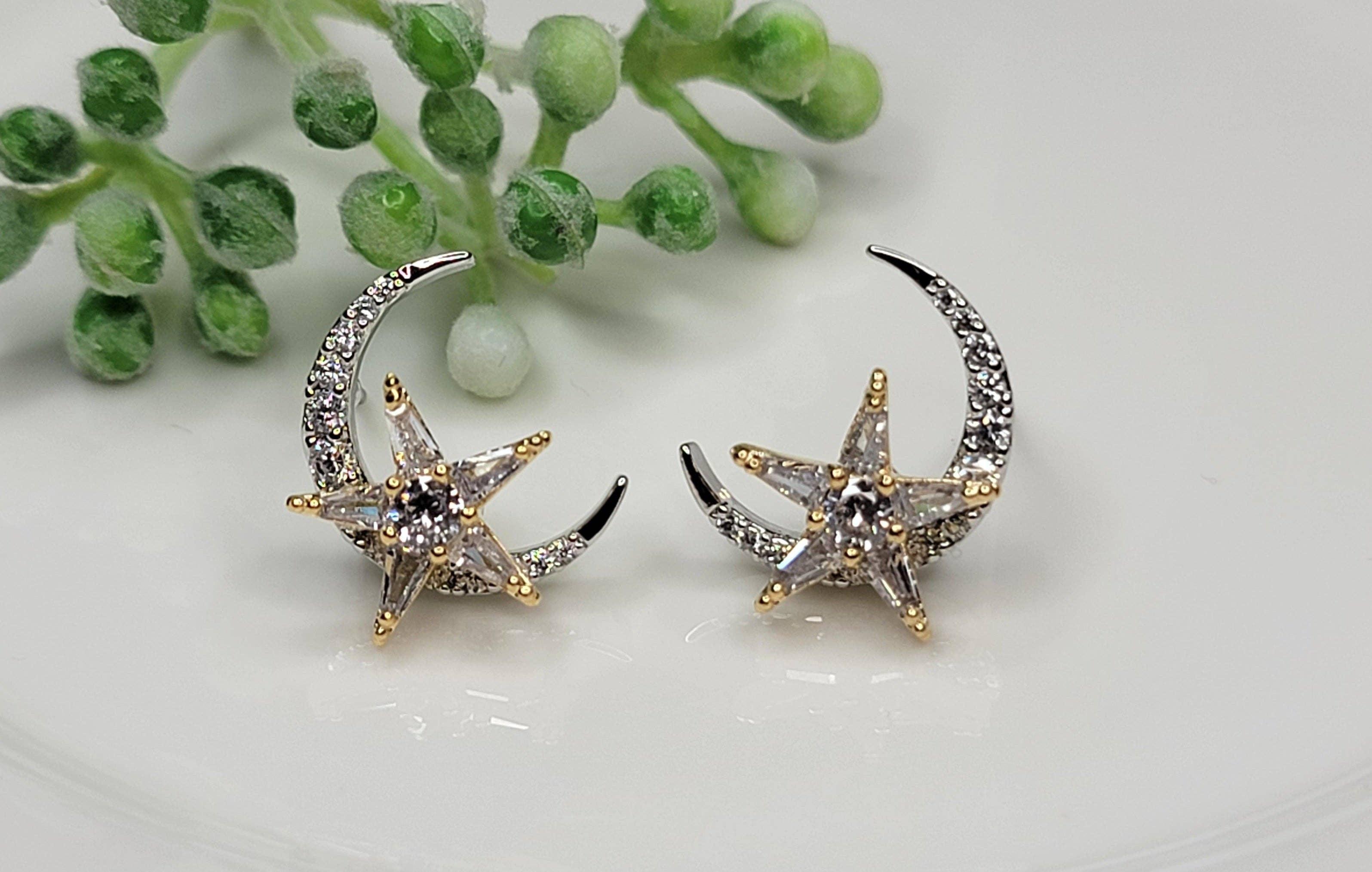 My moon and Stars Post Stud Earrings Silver Rhodium
