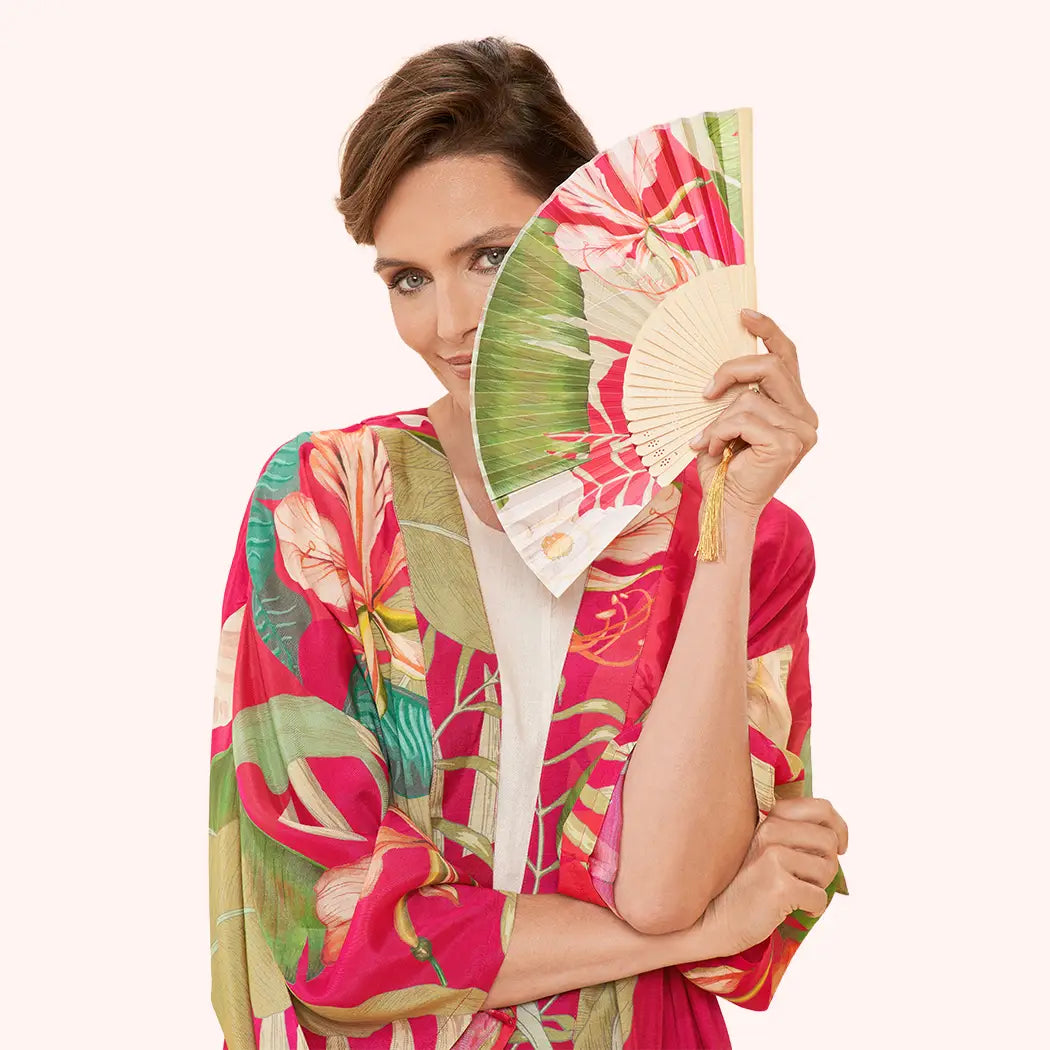 Delicate Tropical Dark Rose Kimono Gown Neck Line