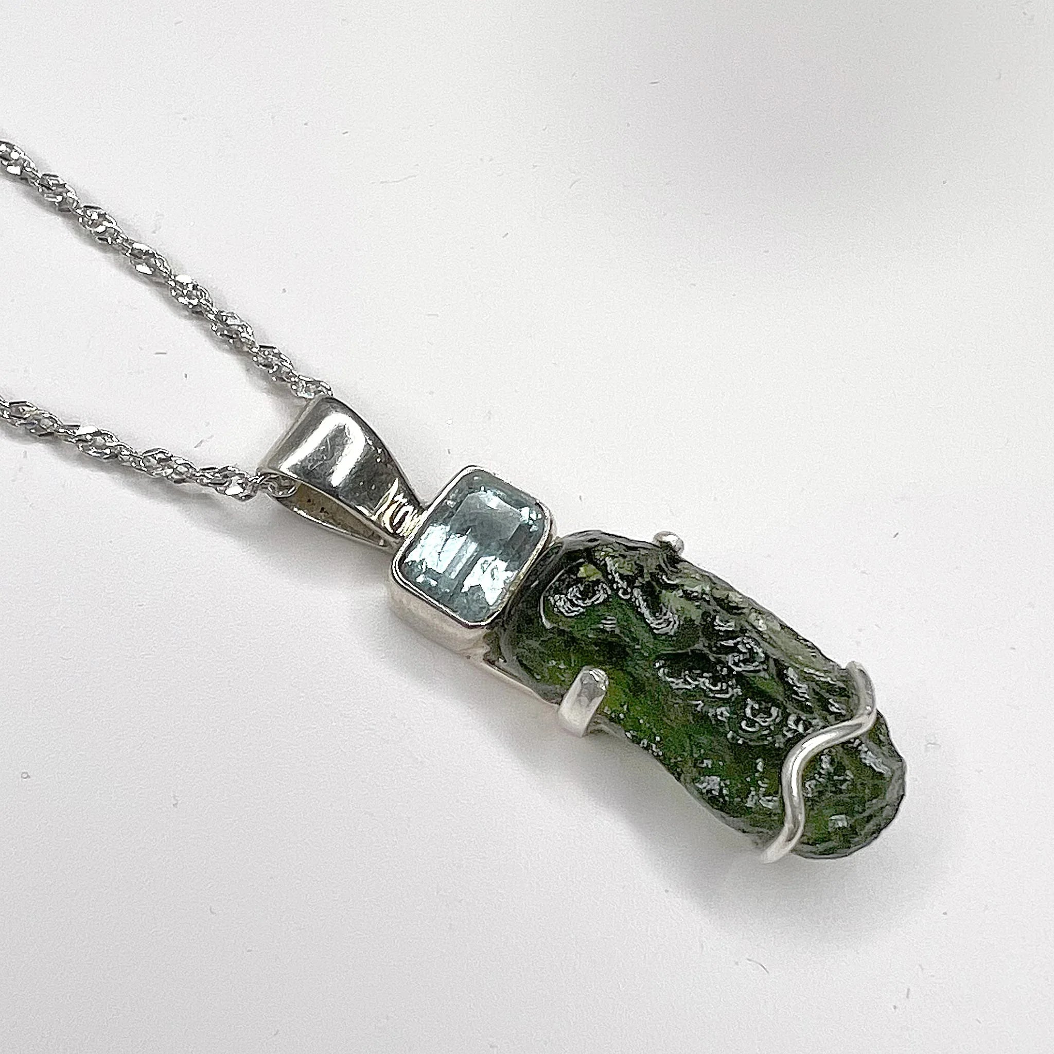 Moldavite Rough with Faceted Aquamarine Necklace Sterling Silver angle view