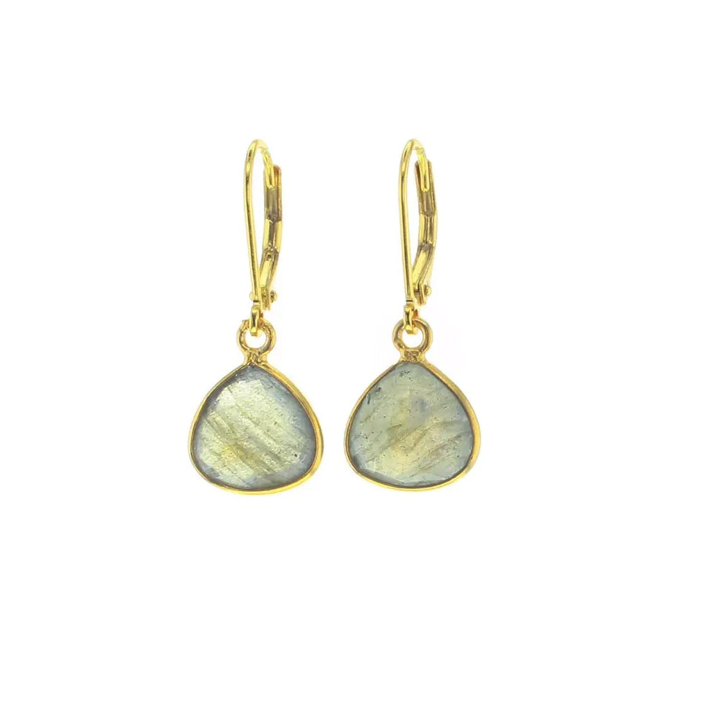 A pair of gold leverback drop earrings featuring teardrop-shaped labradorite stones with a shimmering gray-green iridescent finish, set against a plain white background.