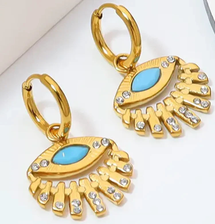 Evil Eye Charm Hoop Earrings Dyed Turquoise Eye