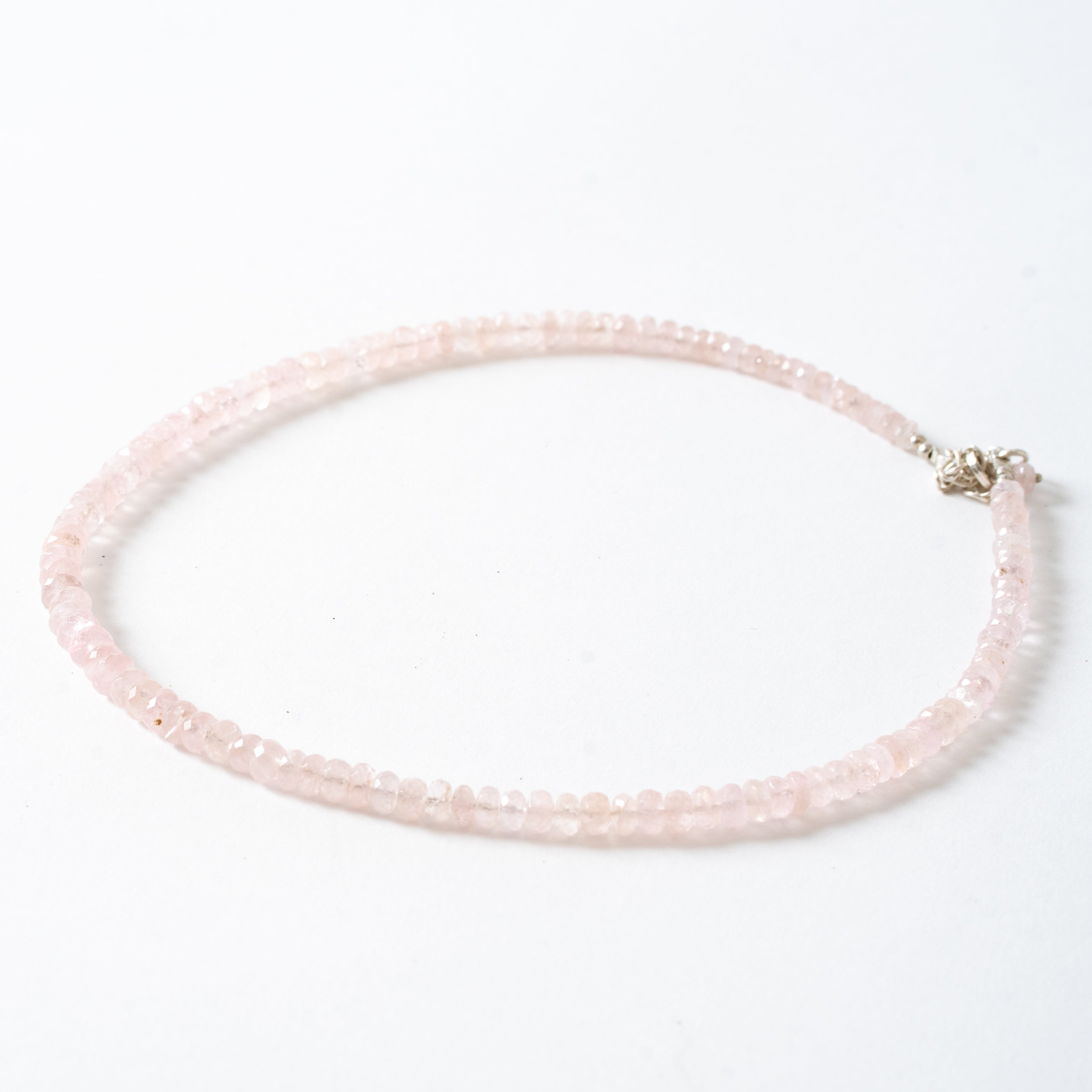 Morganite Faceted Rondel Bead Necklace Sterling Silver Clasp Side View