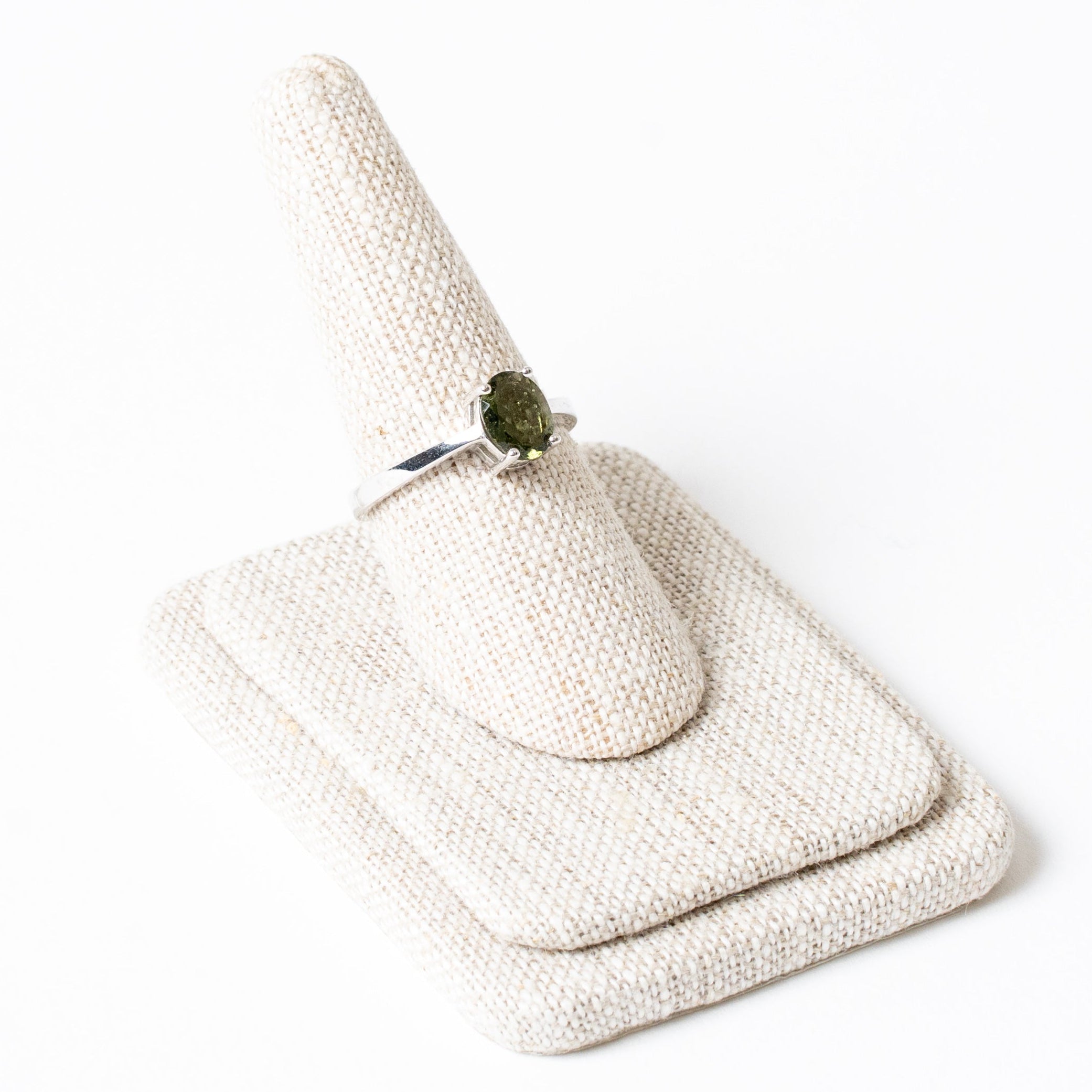 Moldavite Oval Cut Faceted Ring Side View