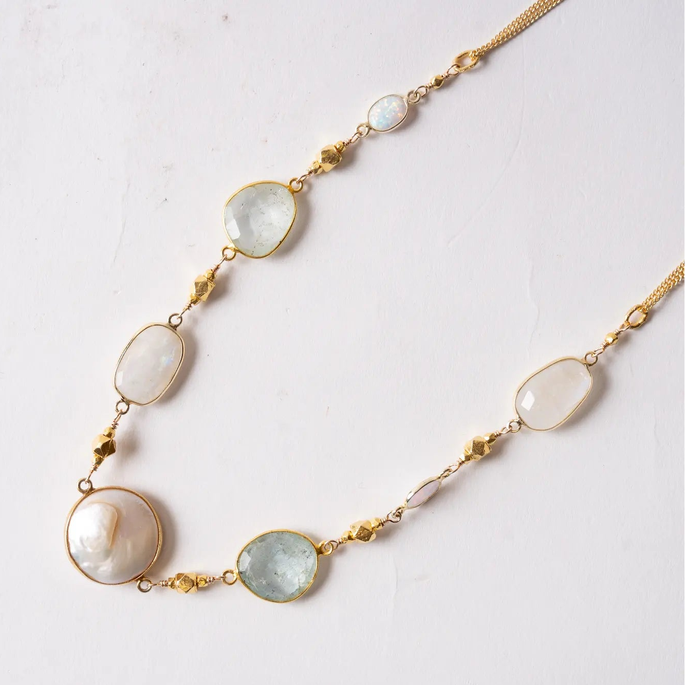 Moonstone Opal Aquamarine Pearl Necklace