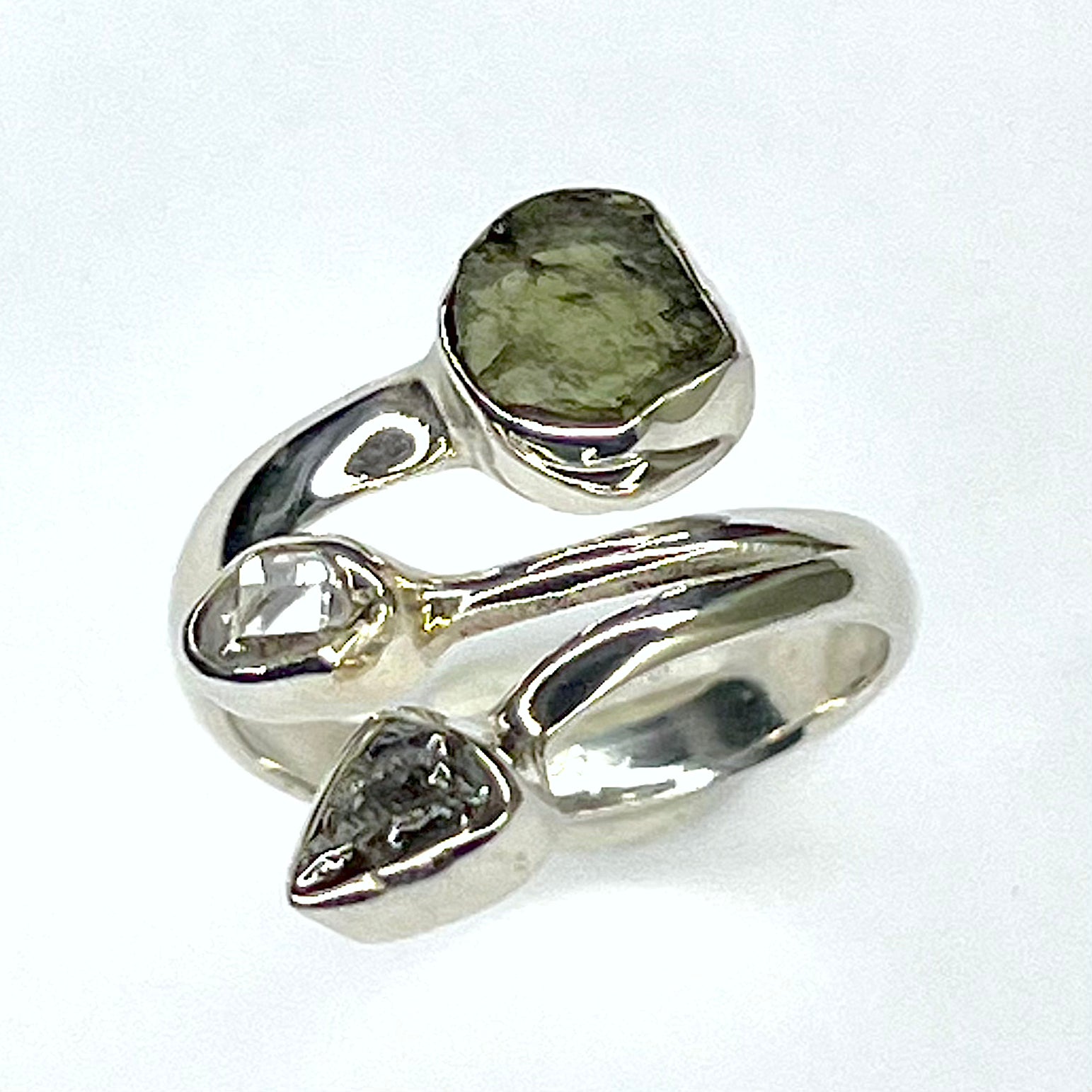 Moldavite, Pakimer Diamond and Meteorite Ring Sterling Silver