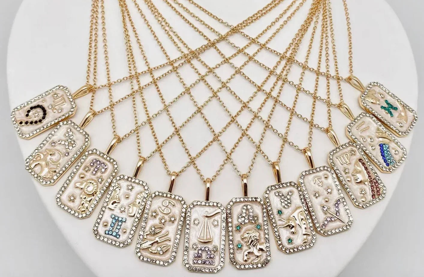 Virgo Astrological Sun Sign Medallion Necklace Shown in a Group