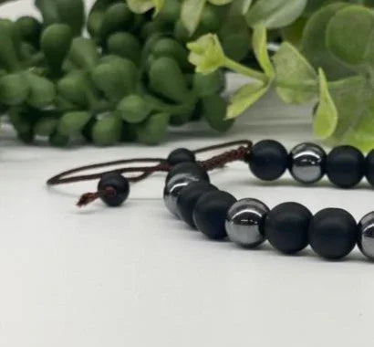 Obsidian Matte and Hematite 8mm Smooth Bead Bracelet Adjustable Half View