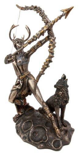 Statue of a archer with a bow and a wolf at his feet on a white background