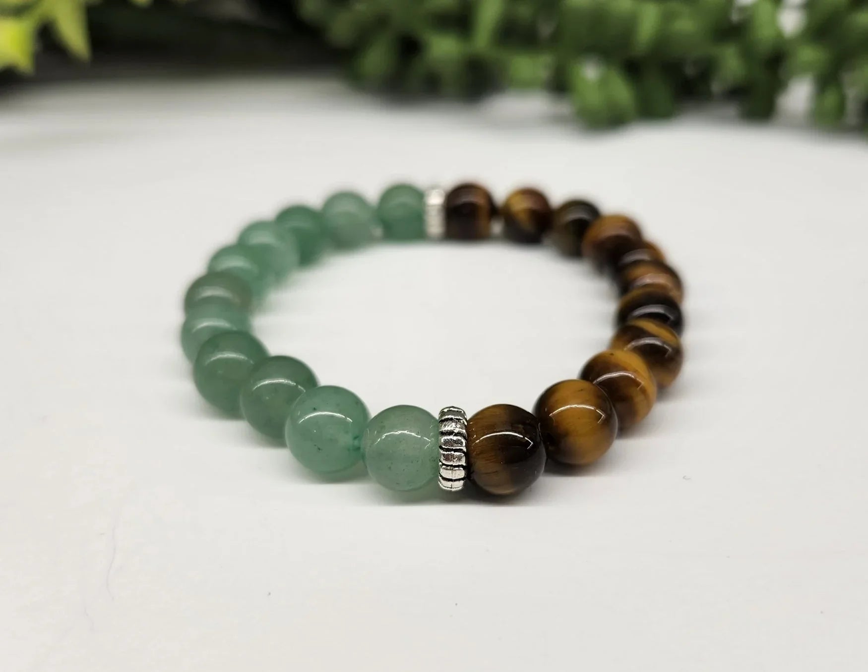 Wealth: Green Aventurine & Tiger Eye Bracelet 8mm Beads on White