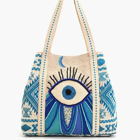 Blue and Cream Color Hand Beaded Evil Eye Tote Bag