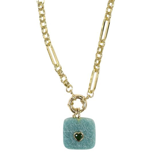 Gold chain necklace with a square amazonite pendant on a white background