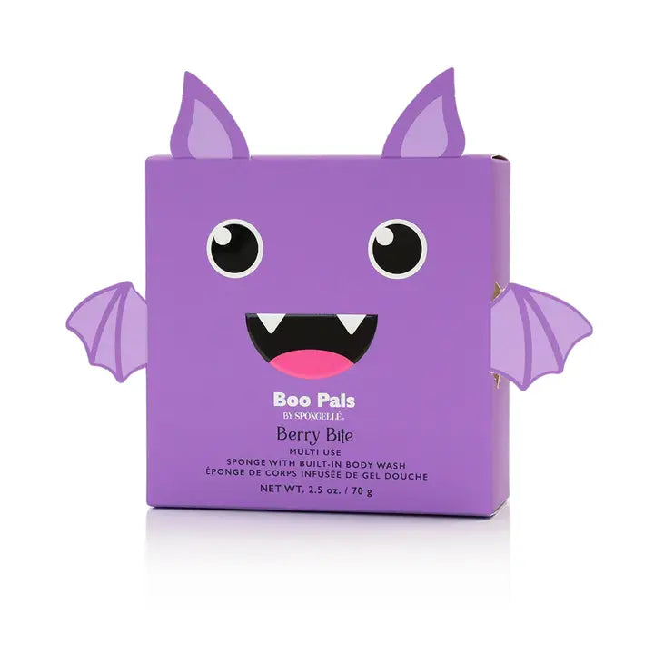 Purple product packaging with bat ears and face on a white background