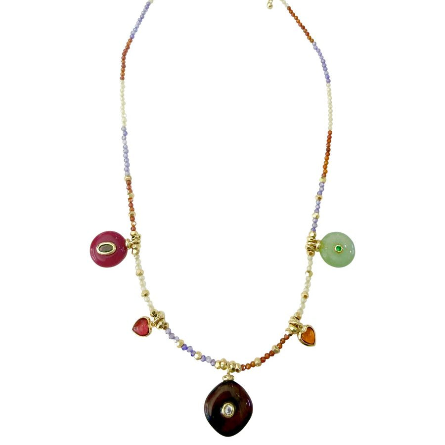 A bohemian-style beaded necklace with a gold-tone clasp and a central dark brown teardrop pendant, featuring dangling round and heart-shaped beads in pink, green, orange, and purple on a white background.