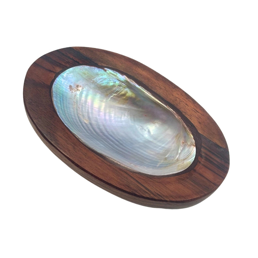 Wooden frame with a large shell on a white background