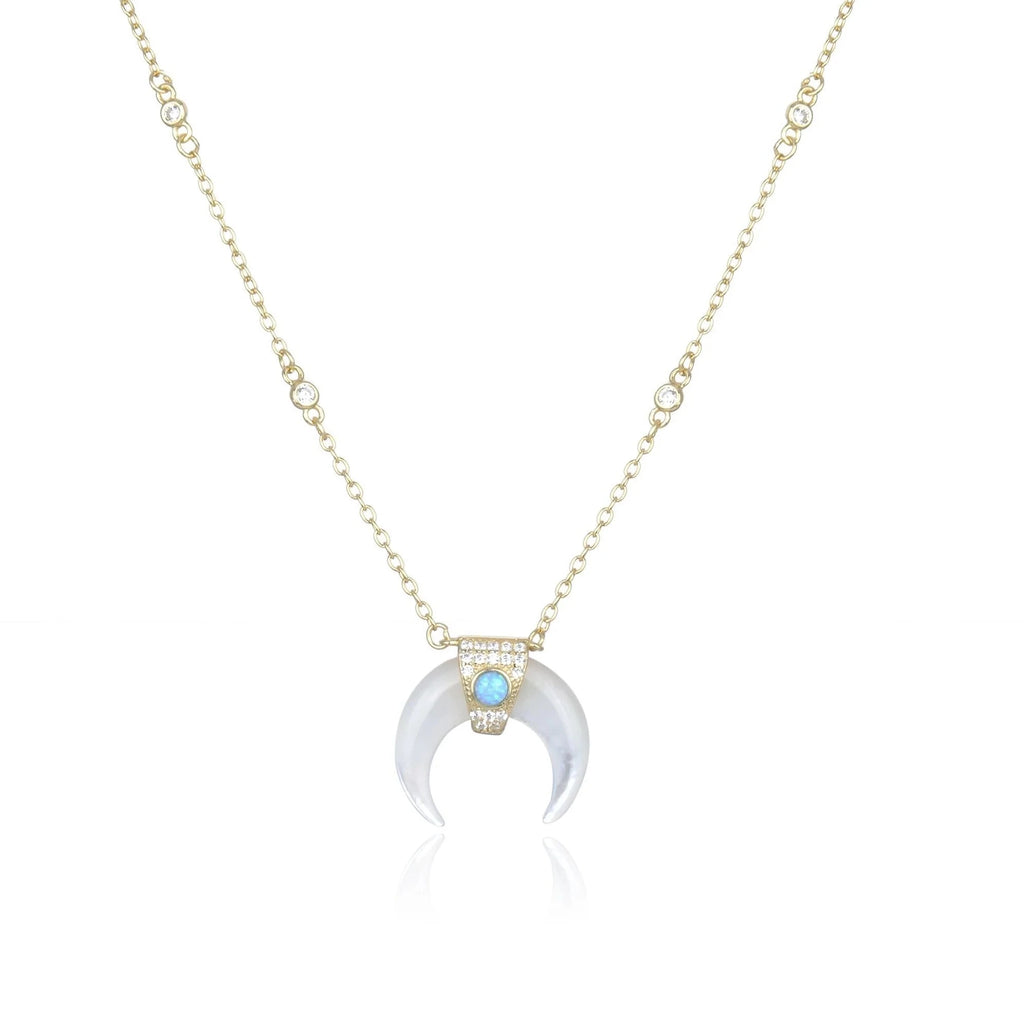 CZ Double Horn Simulated Pearl and Opal gold Plated Necklace