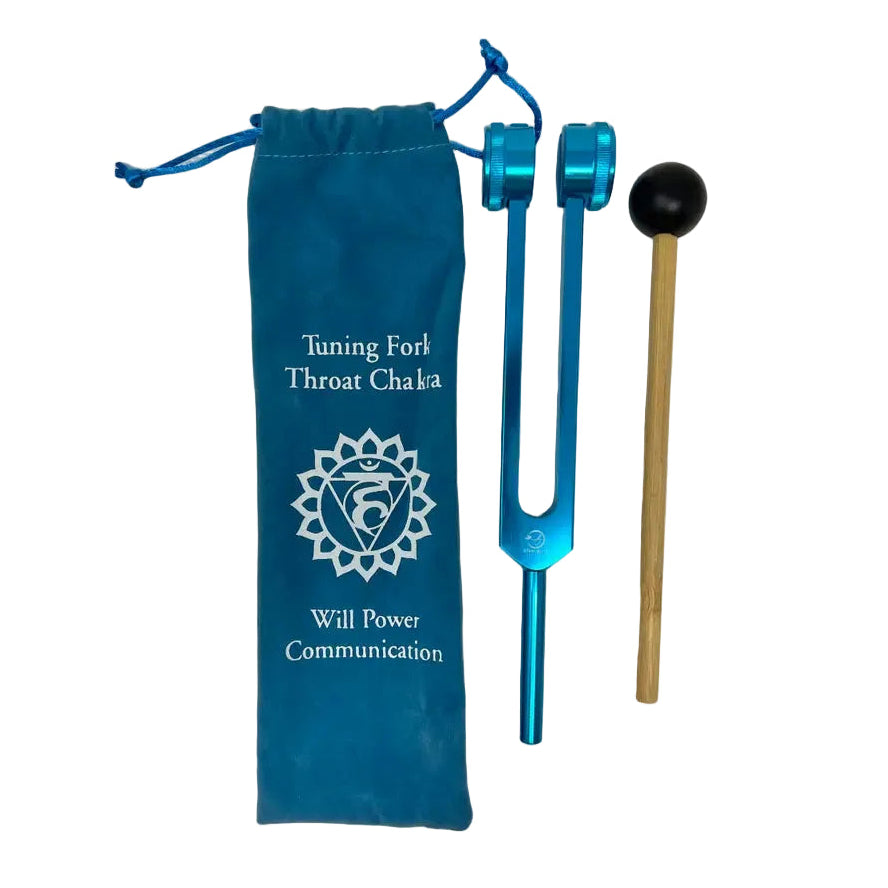 Blue tuning fork with chakra symbol and mallet on a white background
