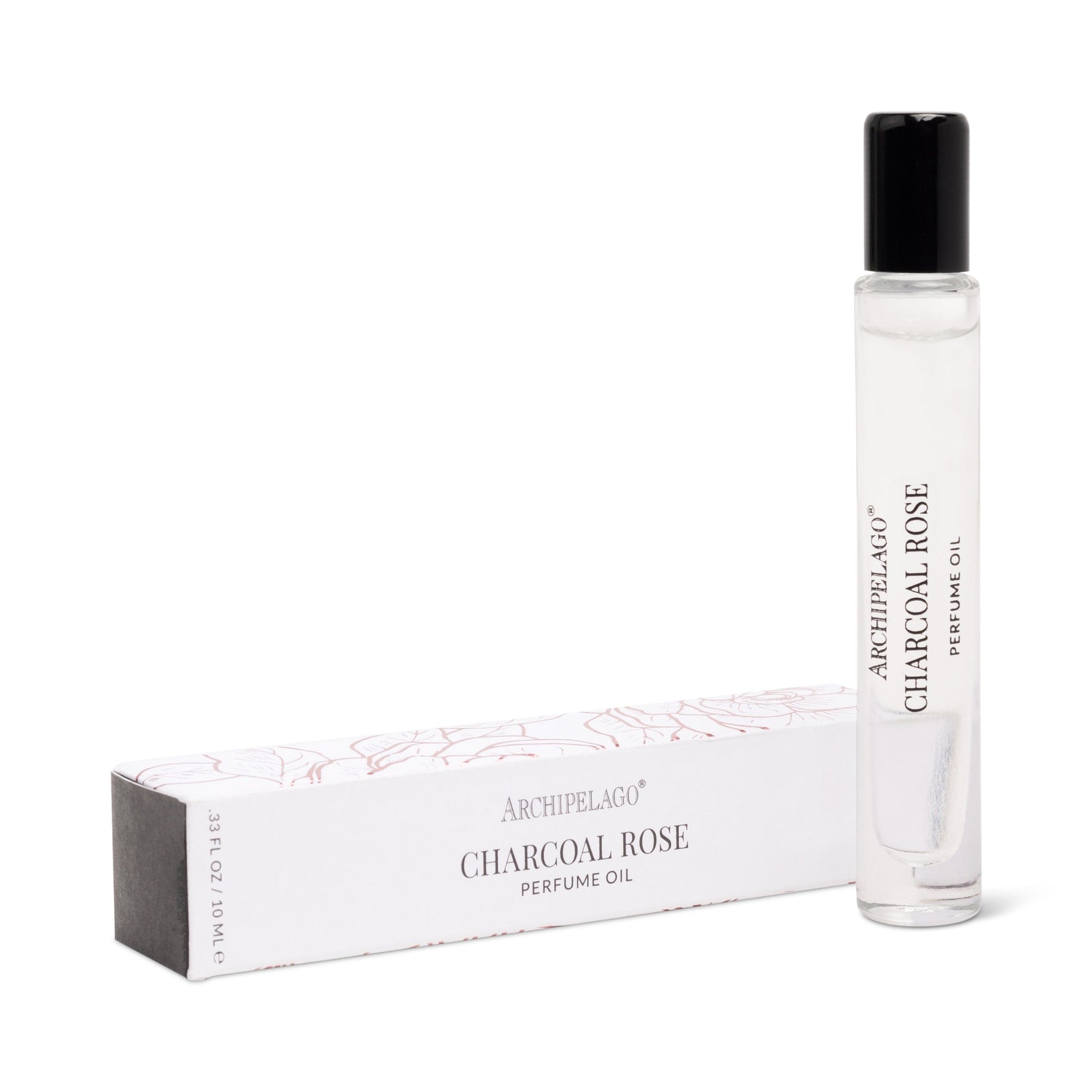 Archipelago Charcoal Rose perfume oil bottle and packaging on a white background