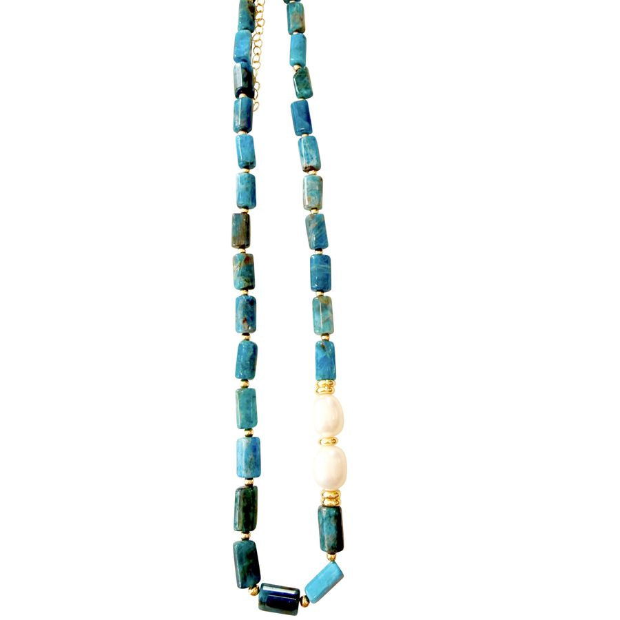 Apatite Square Bead necklace with natural pearl accents.
