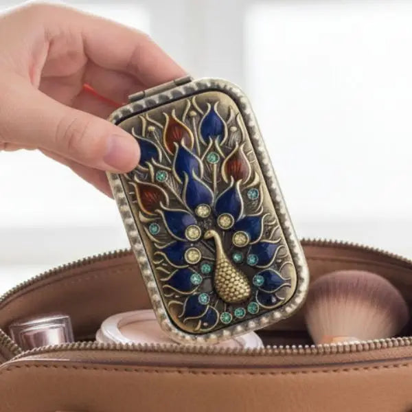 Decorative phone case with peacock design on a white background in purse