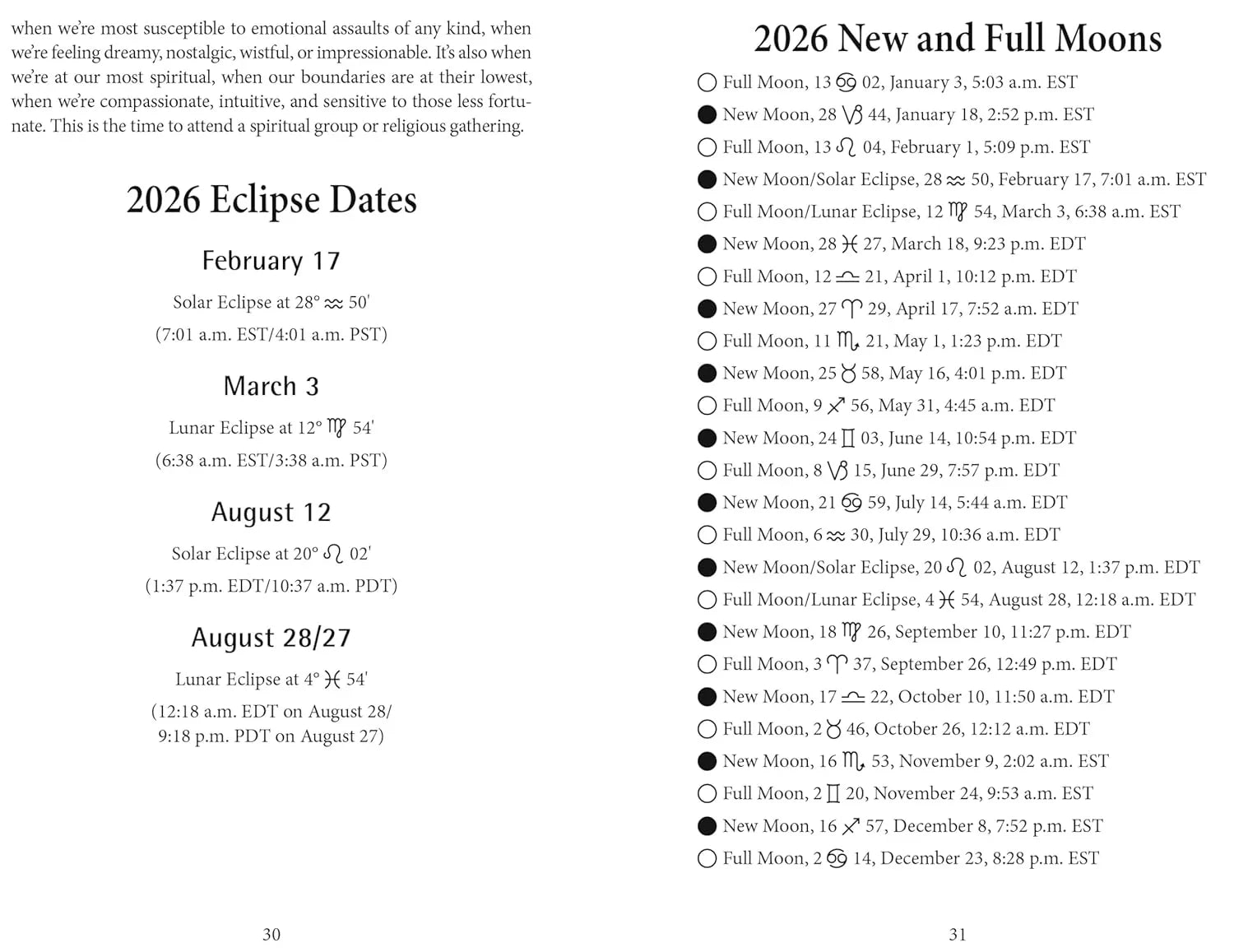 Llewellyn's 2026 Daily Planetary Guide Moon details pages