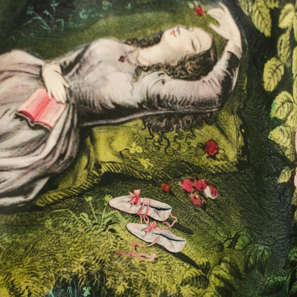 Vintage-style illustration of a woman lying on grass with flowers and books.