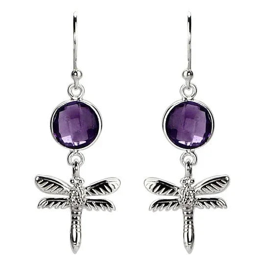 Amethyst Dragonfly Sterling Silver Dangle Earrings