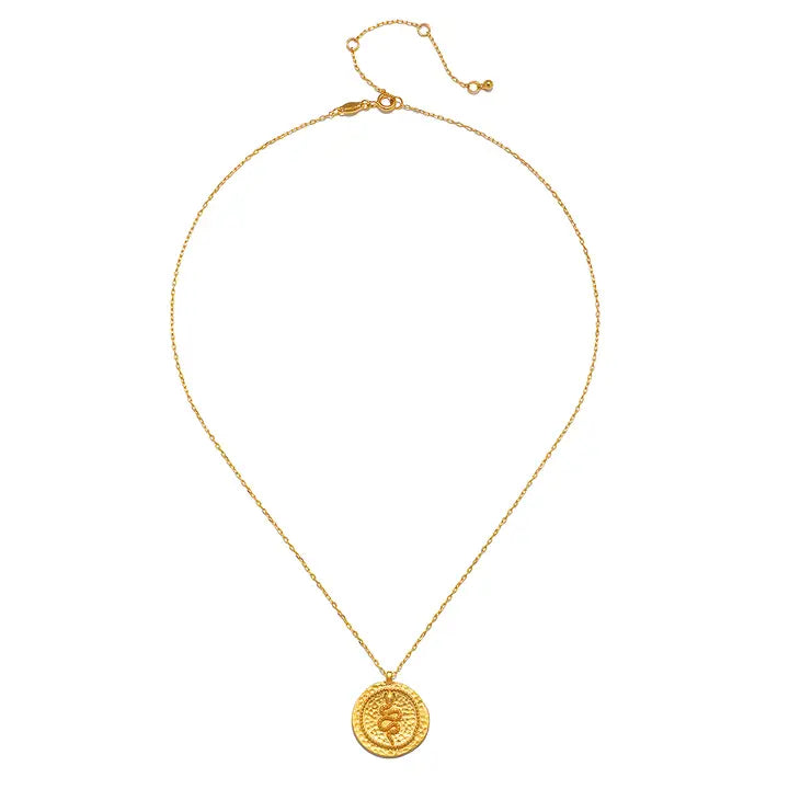 Gold necklace with a round pendant on a white background
