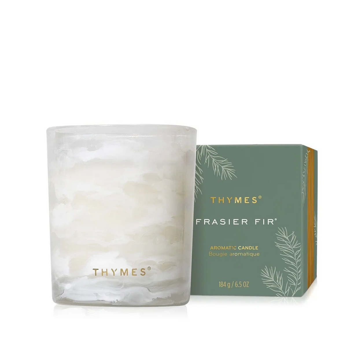 Thymes Frasier Fir candle and packaging on a white background