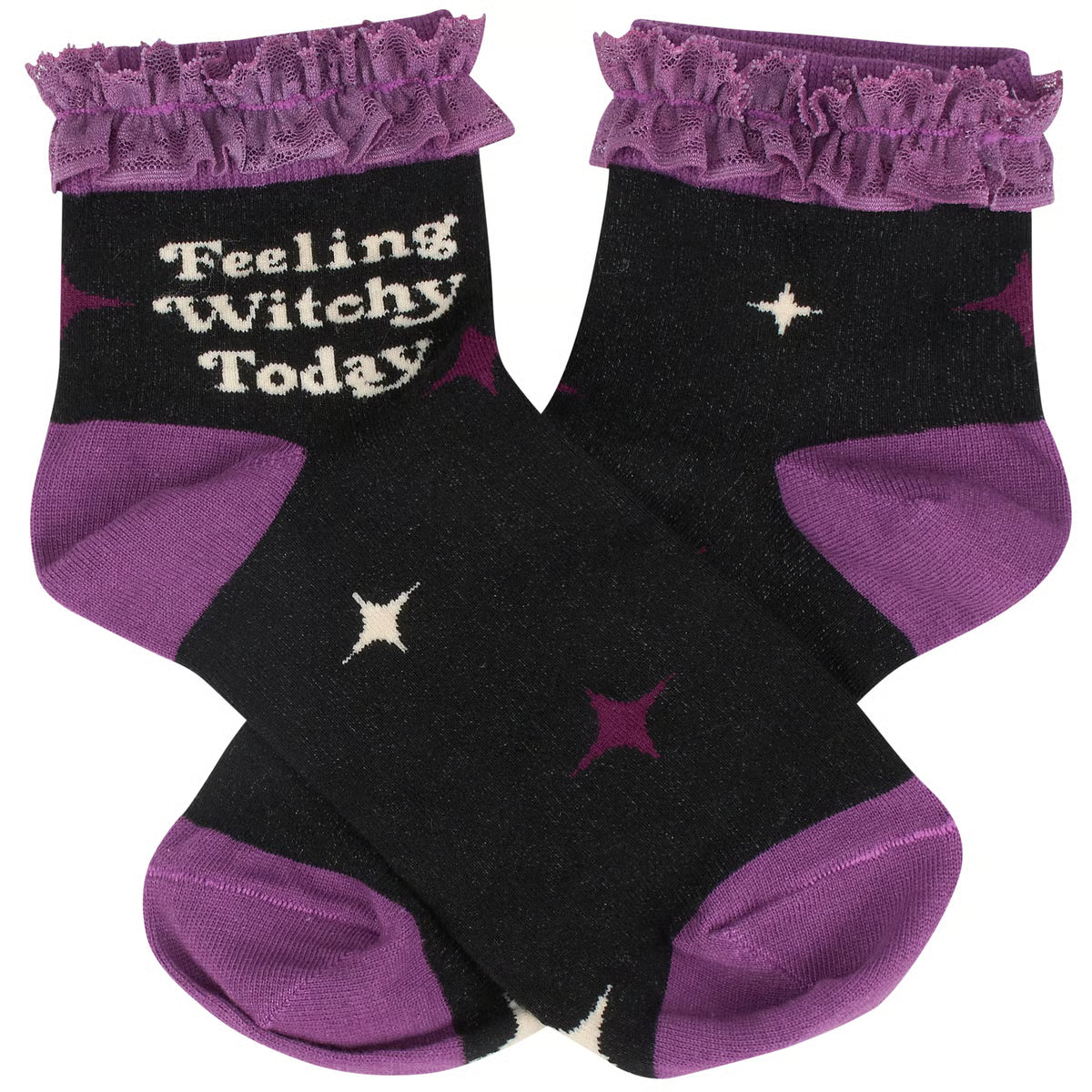 A pair of black ankle socks with purple ruffled cuffs, purple heels and toes, and embroidered details. One sock features the text 'Feeling Witchy Today' in white, while the other has small white and purple star accents.