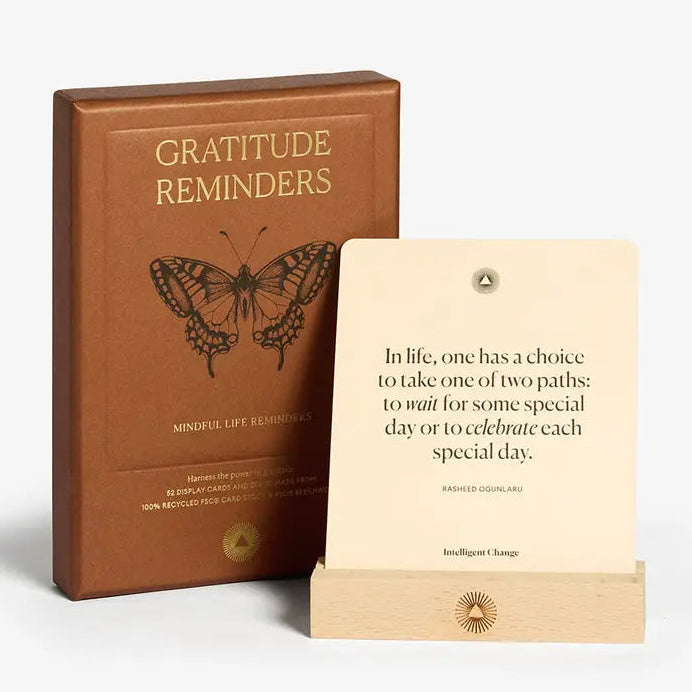 Brown book titled 'Gratitude Reminders' with a butterfly illustration, accompanied by a quote card on a white background.