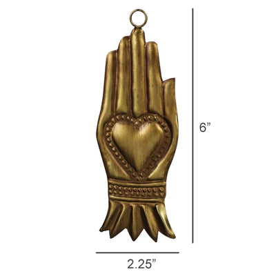 A gold-toned metal ornament shaped like a praying hand with a heart motif in the center, shown with dimension labels indicating 6 inches tall and 2.25 inches wide on a white background.
